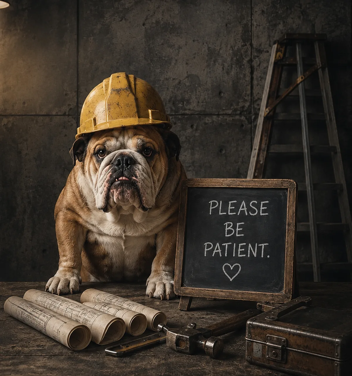 A four-legged site manager carefully checks the plans.